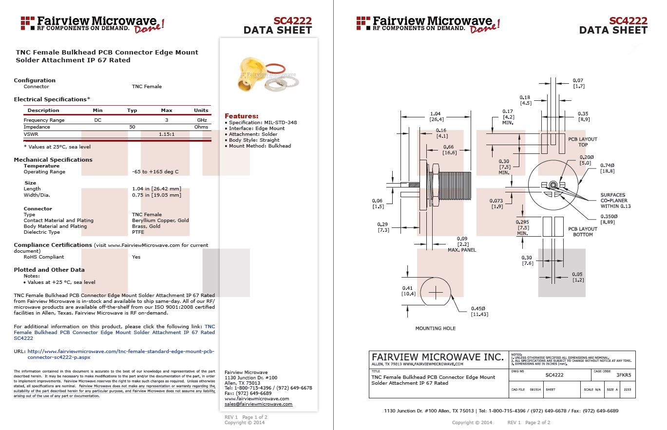 Fairview微波 Amphenol RF 3 GHz TNC隔板PCB边缘安装同轴连接器